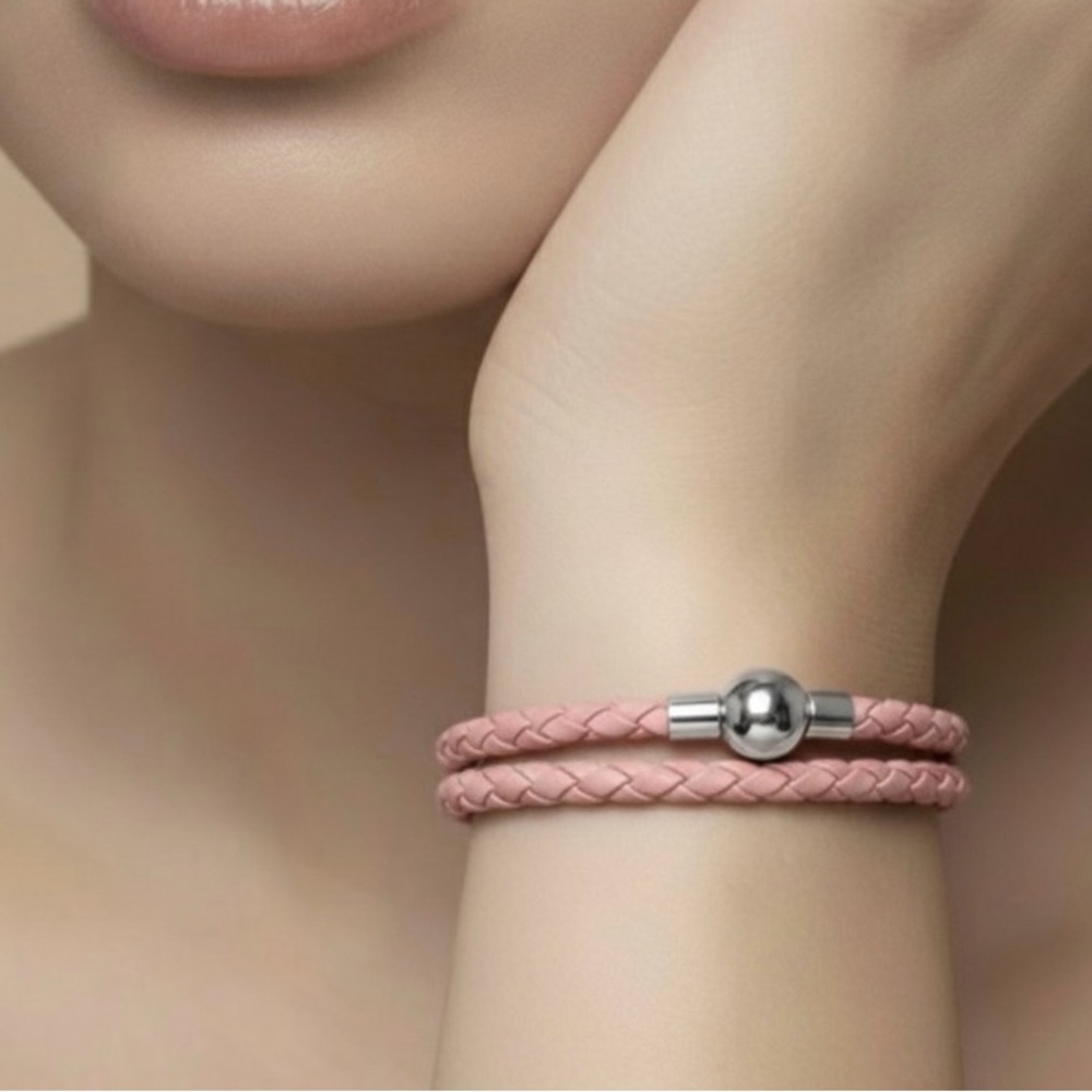 Linx Double Pink Leather Braided Cord Bracelet with Magnetic Clasp
